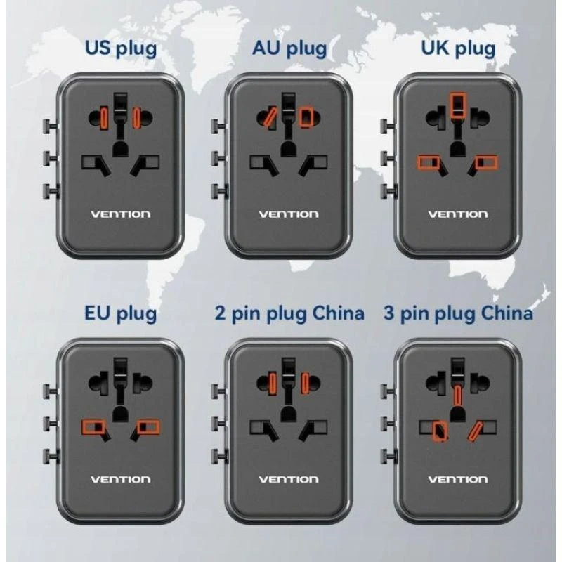 Vention FJFB0 GaN 2xUSB-C 2xUSB-A universalus kelioninis adapteris 65W (juodas)
