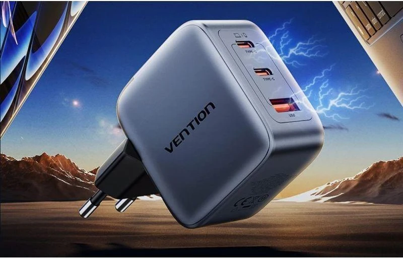 „Vention“ 70 W „GaN PD“ įkroviklis, 1 x USB-A, 2 x USB-C, juodas