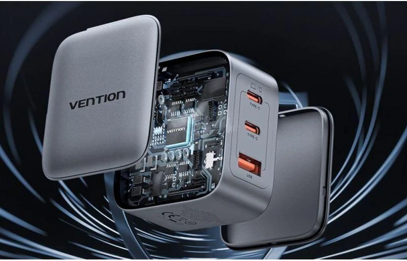 „Vention“ 70 W „GaN PD“ įkroviklis, 1 x USB-A, 2 x USB-C, juodas