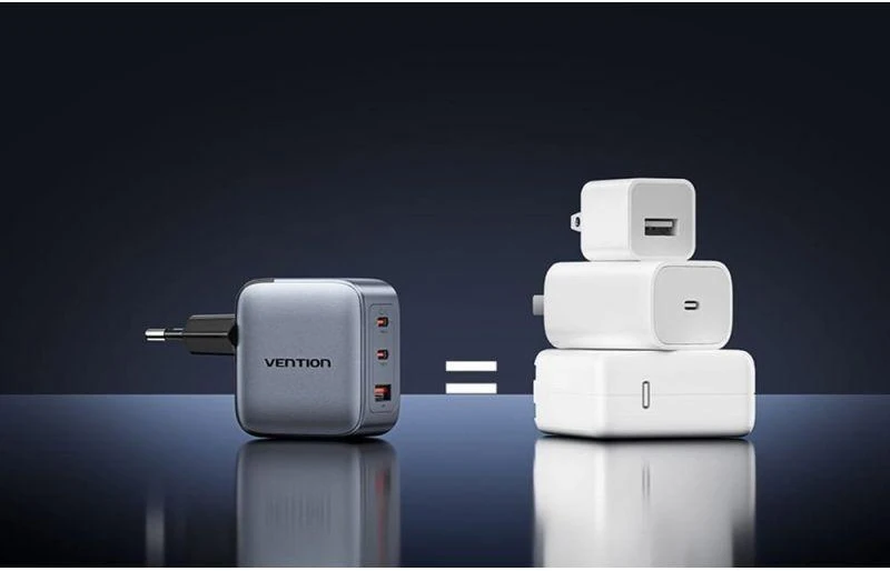 „Vention“ 70 W „GaN PD“ įkroviklis, 1 x USB-A, 2 x USB-C, juodas