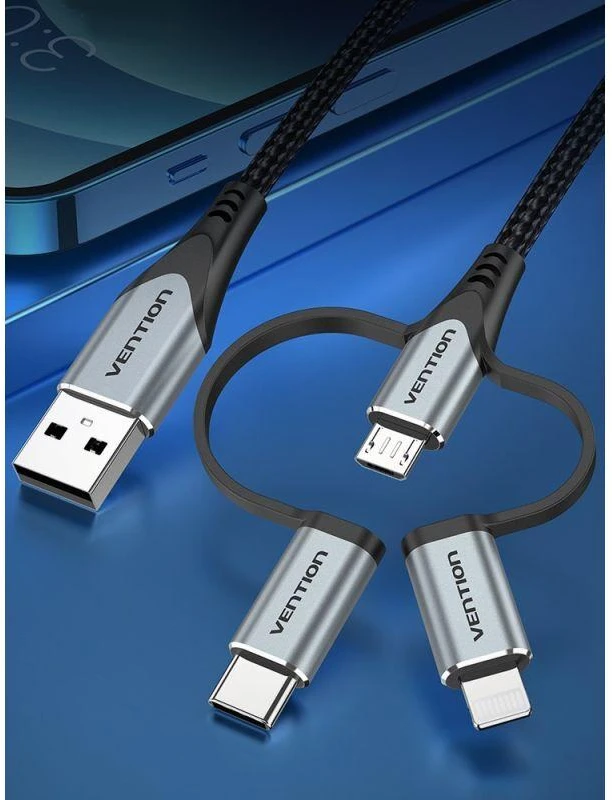 „Vention“ USB 2.0 A tipo kištukas į 3 viename „Micro-B“, USB-C ir „Lightning“ tipo kištuką, 1 m, pilkas, aliuminio lydinio tipas