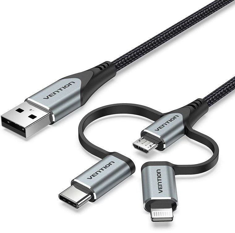„Vention“ USB 2.0 A tipo kištukas į 3 viename „Micro-B“, USB-C ir „Lightning“ tipo kištuką, 1 m, pilkas, aliuminio lydinio tipas