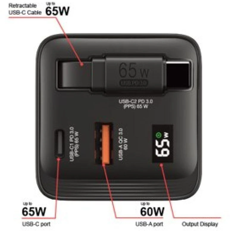 Verbatim GaN sieninis įkroviklis, 65 W, 2 prievadai, USB-C laidas, sulankstomas JAV kištukas su ES / JK adapteriais