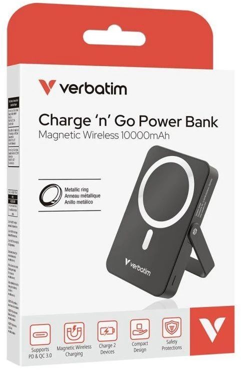 Powerbank Verbatim Charge n Go 10000mAh su stoveliu Magnetic Wireless juodos spalvos 32264