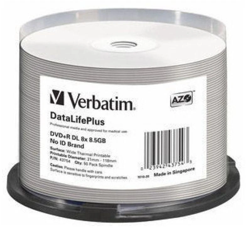 VERBATIM DVD R DVIGUBAS SLUOKSNIS 8,5 GB 8X PLATUS TERMINIS SPAUSDINTAS Spindle 50