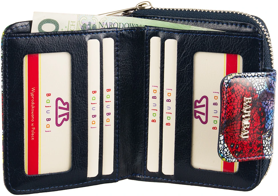VERDIANA Skórzany portfel damski kolorowy motyle tamsiai mėlyna BajuBaj RFID
