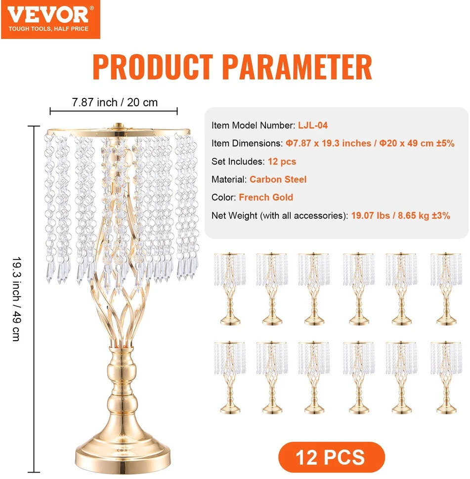 VEVOR 12 vnt. kristalinis vestuvių gėlių stovas 49 cm