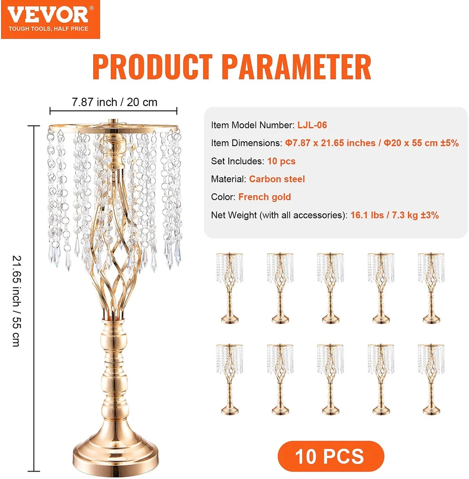 VEVOR 10 vnt. 55 cm kristaliniai vestuvių stendai gėlėms