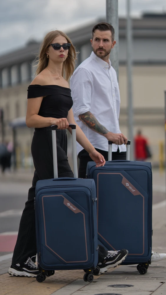 Kelioninis Solier Luggage Vidutinis lagaminas M 23 Solier SOFTFLEX STL2240 - mėlyna ir rudas