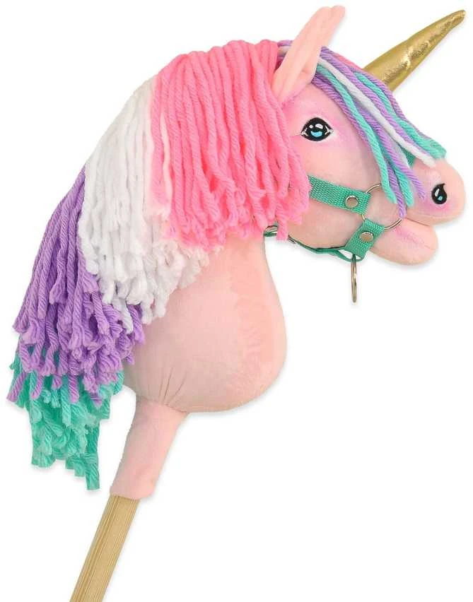 Vienaragis ant lazdos Hobby Horse rožinis su spalvota karčiene ir auksiniu ragu