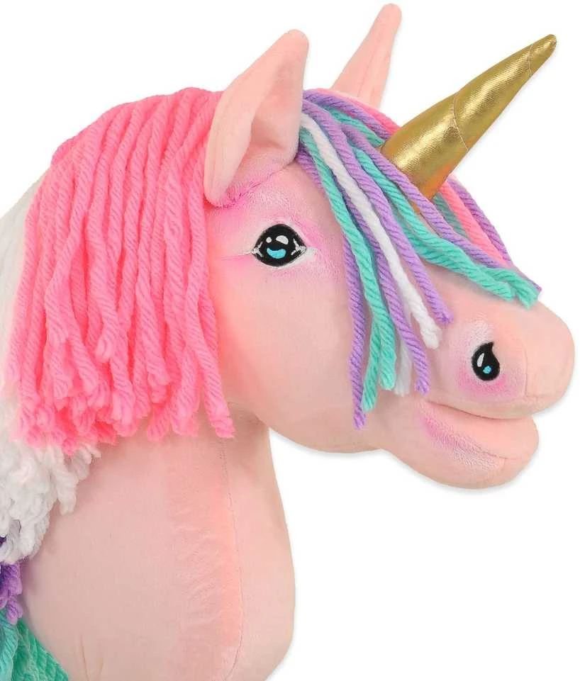 Vienaragis ant lazdos Hobby Horse rožinis su spalvota karčiene ir auksiniu ragu