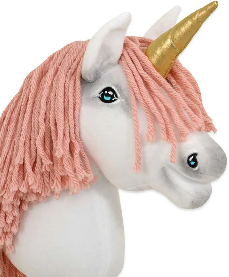 Vienaragis ant lazdos Hobby Horse su rožine karčiene ir auksiniu ragu