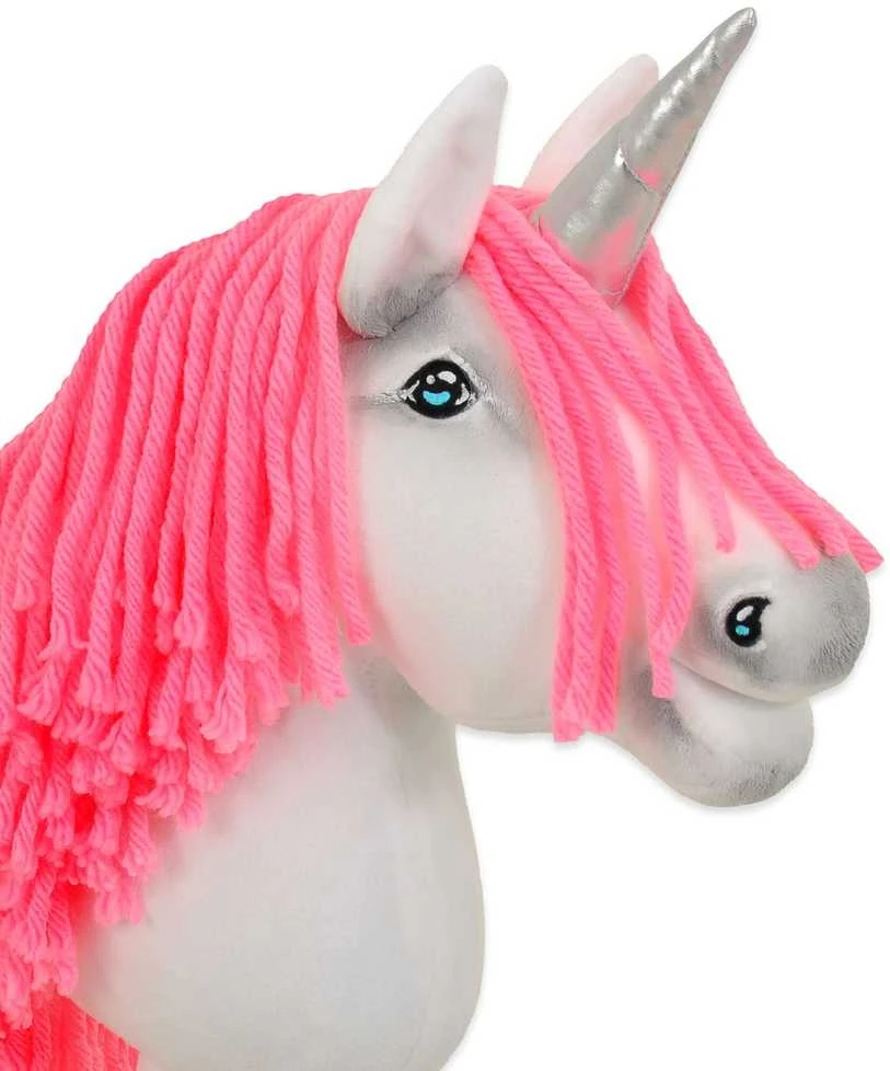 Vienaragis Hobby Horse lazdoje su neonine rožine karčiene ir sidabriniu ragu