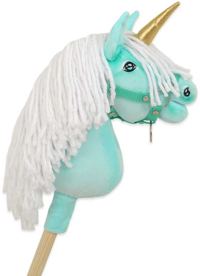 Vienaragis Hobby Horse su lazda mėtų spalvos su balta karčiais ir auksiniu ragu