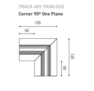 Vienos plokštumos magnetinių bėgelių sujungimas TRACK 48V, 125mm, L formos