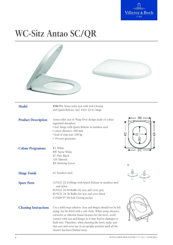 Villeroy & Boch VILLEROY&BOCH Antao Baltas Alpin, dangtis baltas su lėtu nusileidimu