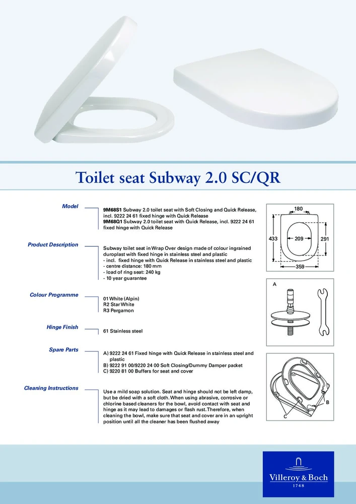 Villeroy & Boch WC dangtis Subway 2.0 unitazams su lėtu nusileidimu, 9M68S101