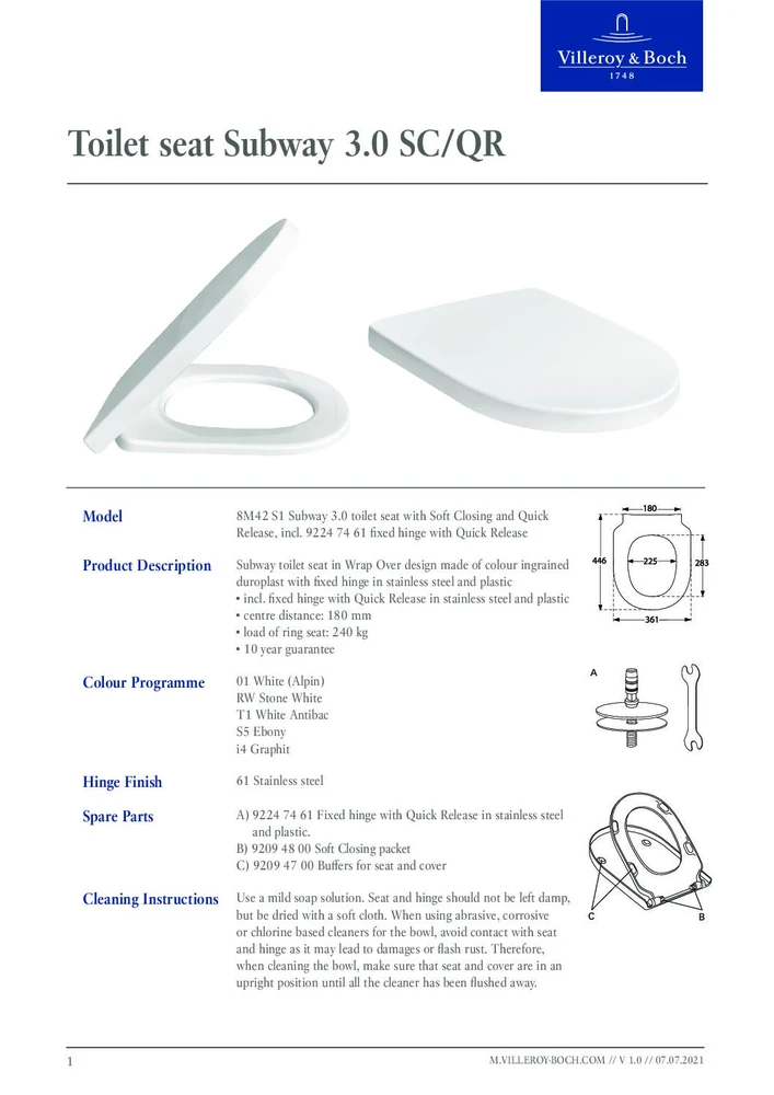 Villeroy & Boch Subway 3.0 sėdynė su dangčiu QR/SC, balta