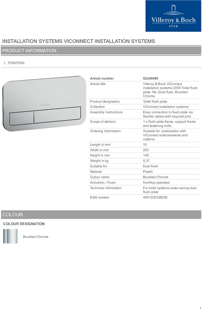 Villeroy & Boch WC klavišas V&B E200 92249069 matinis