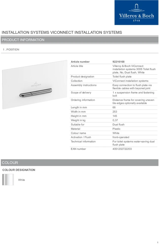 Villeroy & Boch WC mygtukas Villeroy&Boch 300 baltas 92216168