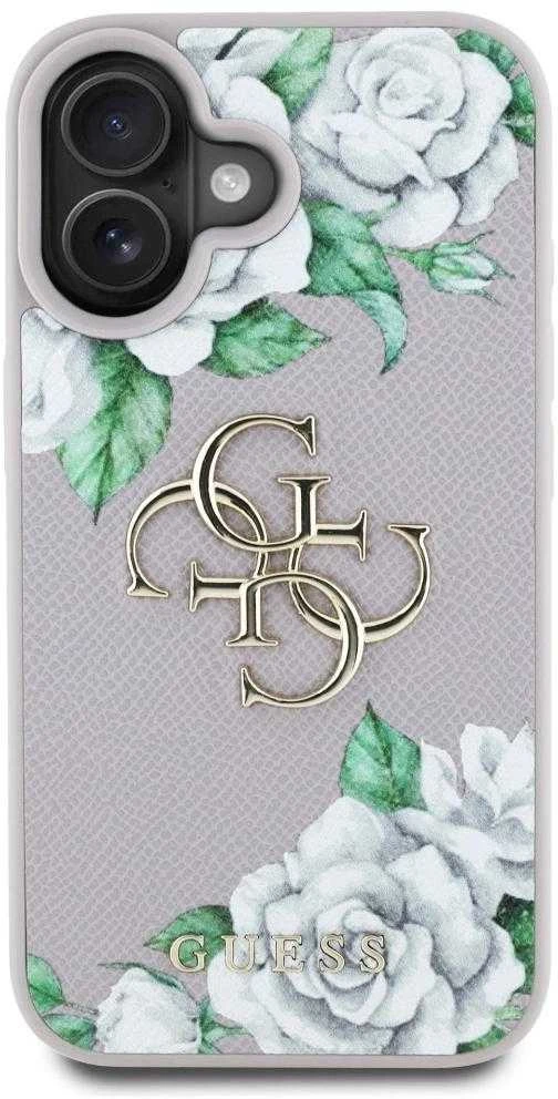 Dėklas Guess Grained Roses Big 4G logo Apple iPhone 16 violetinės spalvos