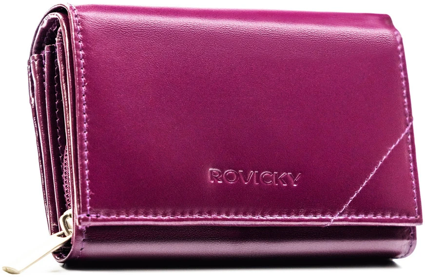 Violetinis portfel damski ze skóry naturalnej uždaromas zatrzaskiem, wyposażony w system RFID - Rovicky