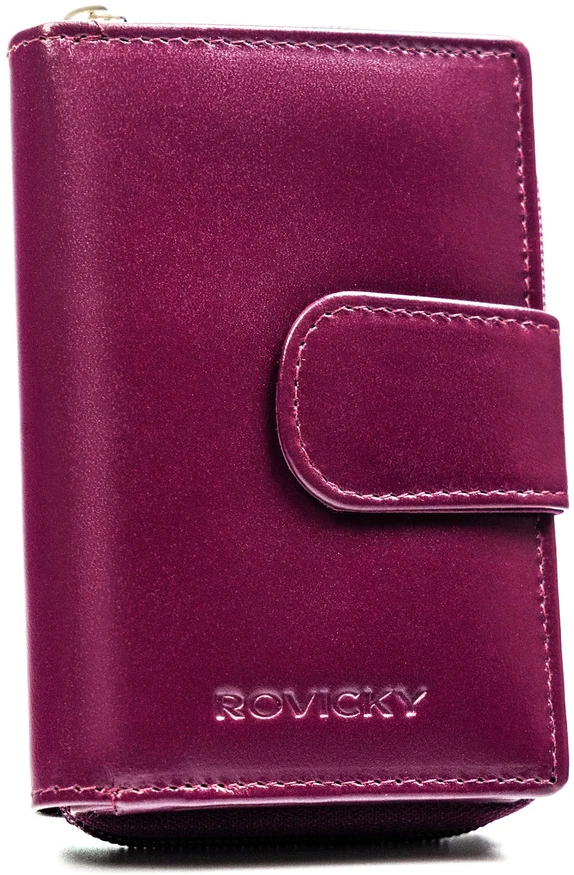 Violetinis portfel damski ze skóry naturalnej uždaromas suwakiem i zatrzaskiem - Rovicky