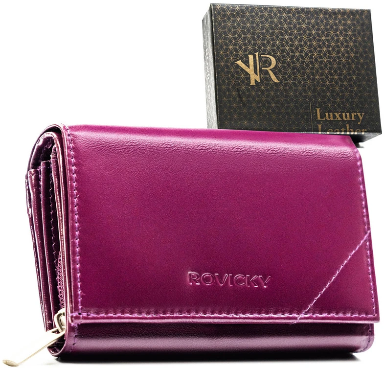 Violetinis portfel damski ze skóry naturalnej uždaromas zatrzaskiem, wyposażony w system RFID - Rovicky
