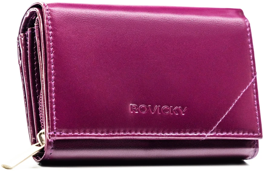 Violetinis portfel damski ze skóry naturalnej uždaromas zatrzaskiem, wyposażony w system RFID - Rovicky