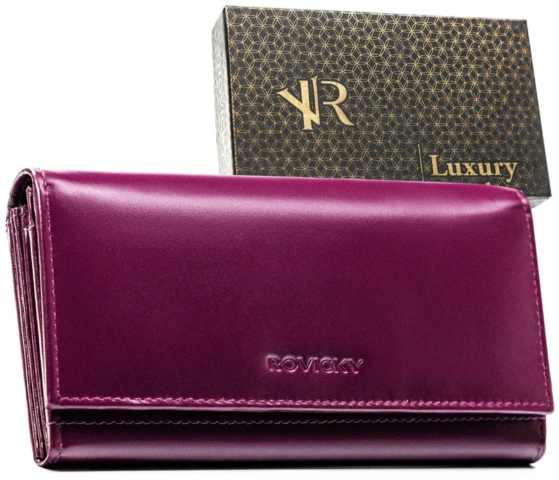 Violetinis portfel damski ze skóry naturalnej wyposażony w system RFID, uždaromas zatrzaskiem - Rovicky