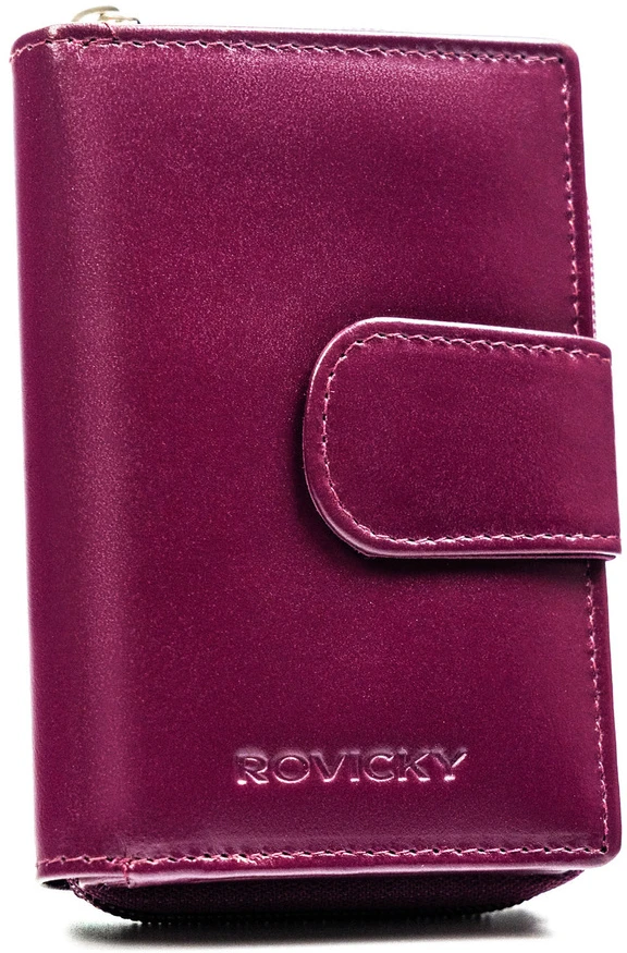 Violetinis portfel damski ze skóry naturalnej uždaromas suwakiem i zatrzaskiem - Rovicky