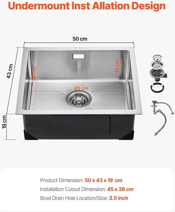 VEVOR 50 cm virtuvės plautuvė iš nerūdijančio plieno