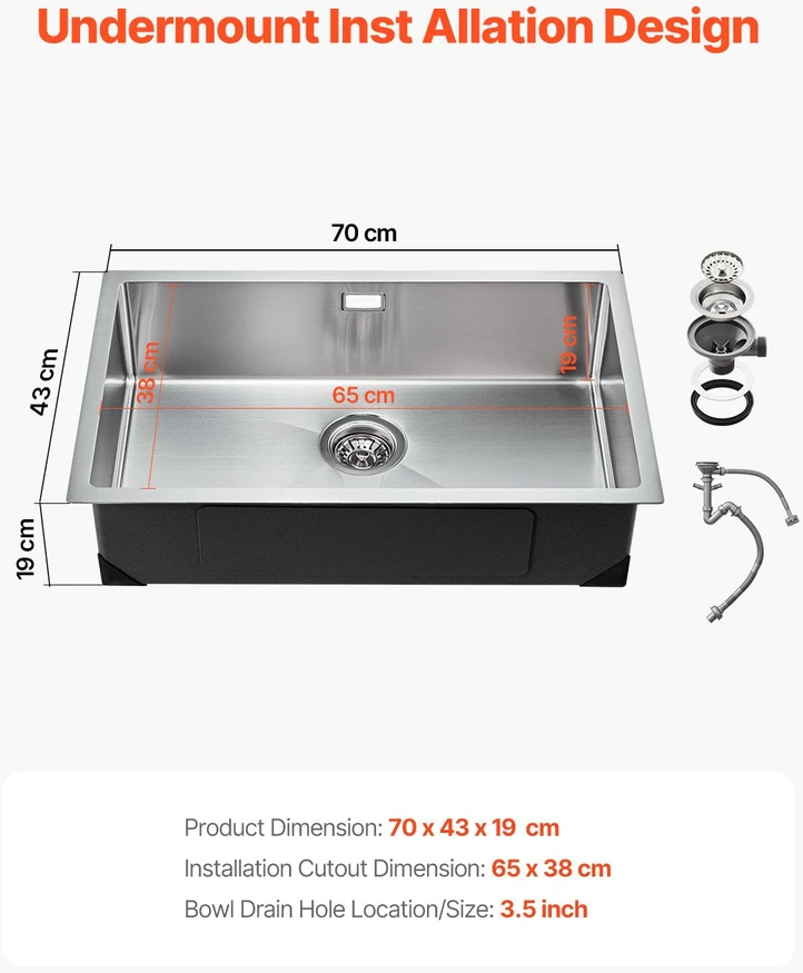 VEVOR 70 cm virtuvės plautuvė iš nerūdijančio plieno