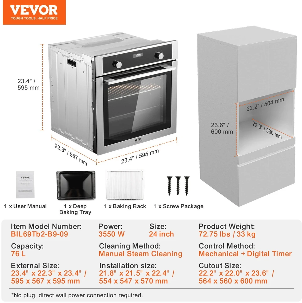 VEVOR Įmontuojama elektrinė orkaitė su 9 funkcijomis