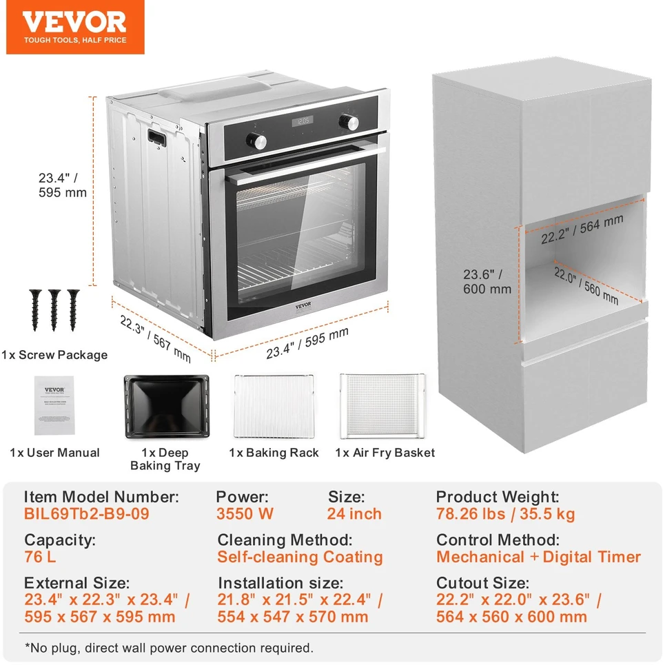 VEVOR Įmontuojama elektrinė orkaitė 24" su 9 funkcijomis
