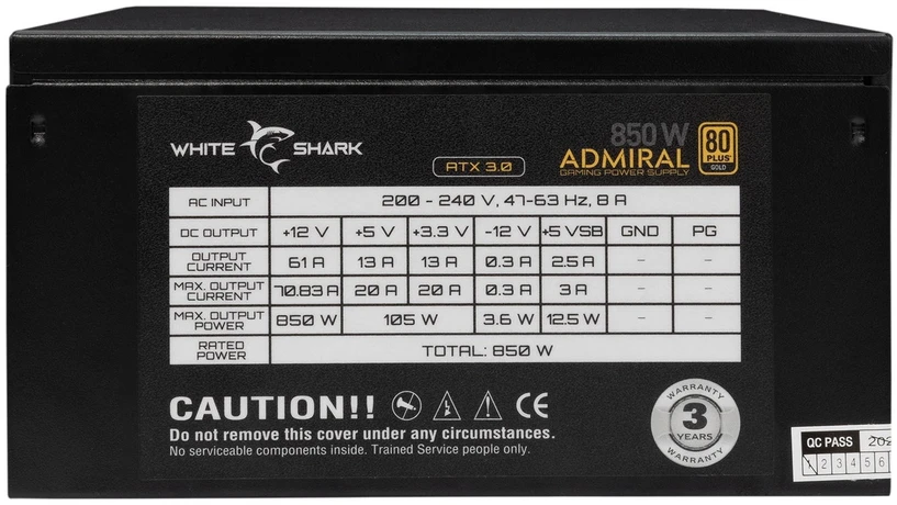 White Shark Visiškai modulinis kompiuterio maitinimo blokas Baltas Shark GPSU-850W Admiral, 850 W, juodas