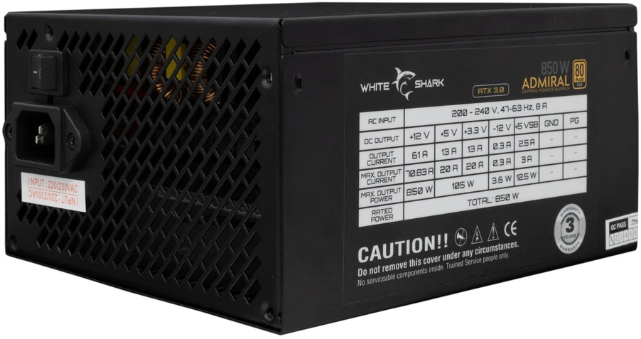 White Shark Visiškai modulinis kompiuterio maitinimo blokas Baltas Shark GPSU-850W Admiral, 850 W, juodas