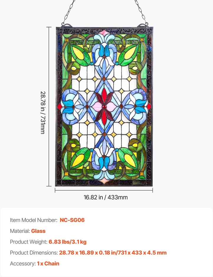 VEVOR Vitražo Panelis, Dekoratyvinis Pakabinamas Menas Namams, Privatumo Langų Uždanga, 73.1 x 42.9 cm, Spalvotas Šviesos Filtras, Vitražinis Langas, Dekoracija