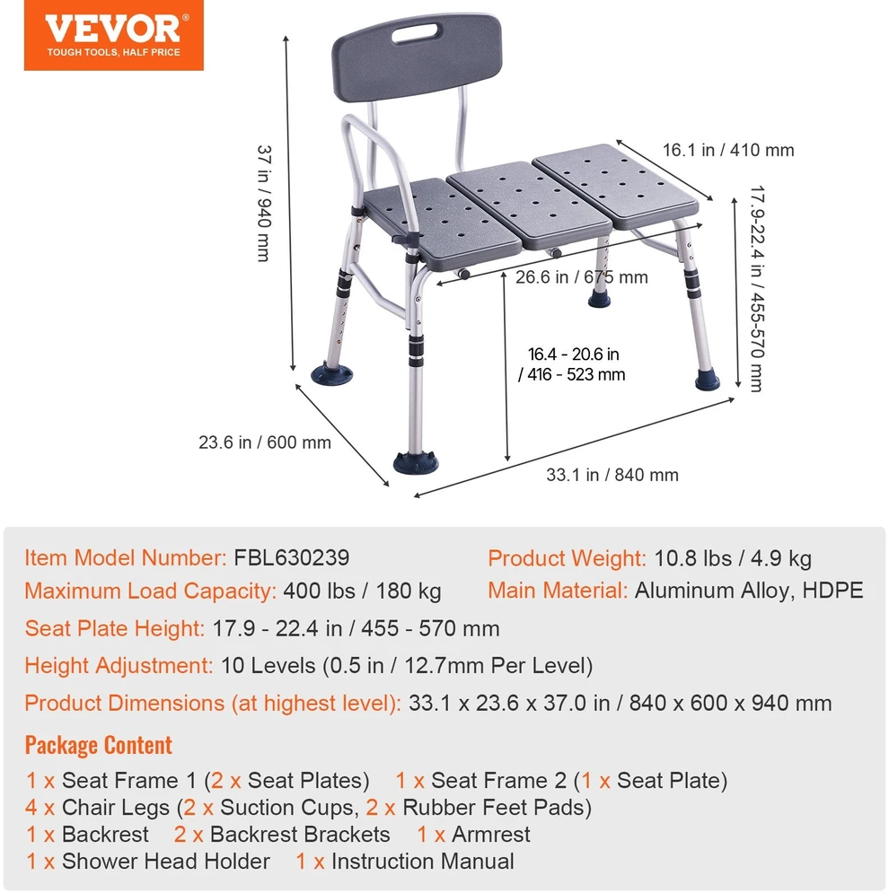 Vevor Sėdynė voniai su atlošu iki 180 kg