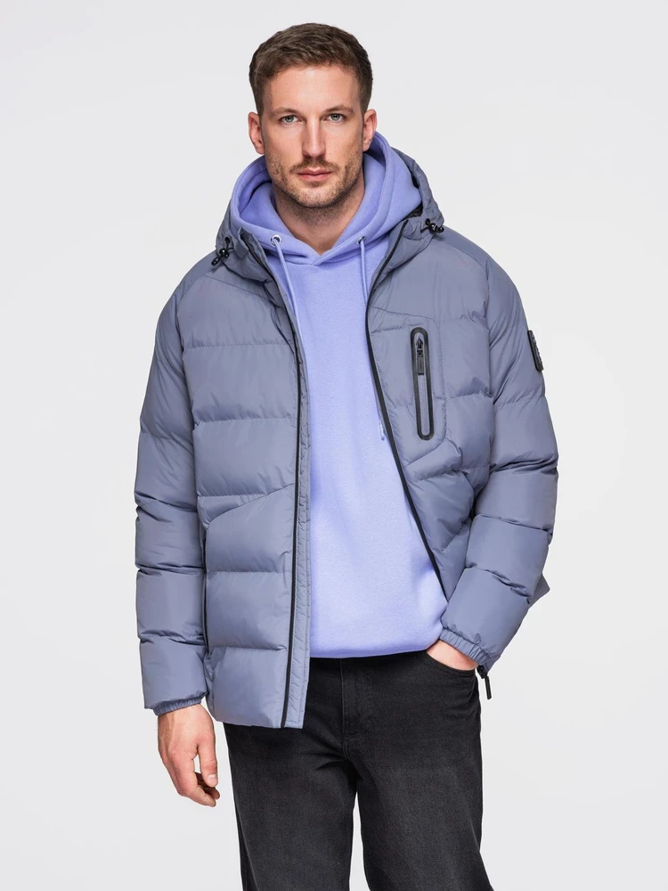 Vyriška pašiltinta puffer striukė su gobtuvu, šviesiai mėlyna