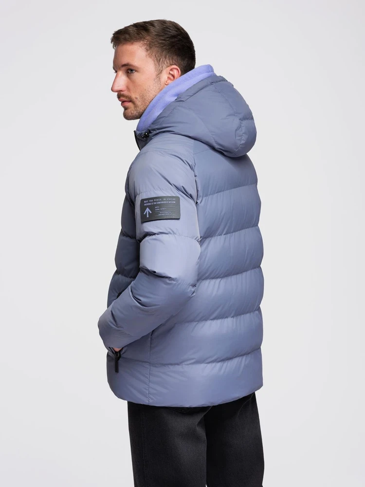 Vyriška pašiltinta puffer striukė su gobtuvu, šviesiai mėlyna