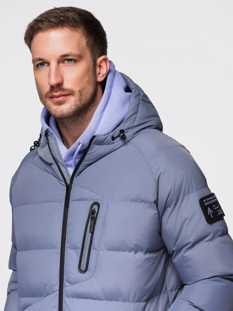 Vyriška pašiltinta puffer striukė su gobtuvu, šviesiai mėlyna