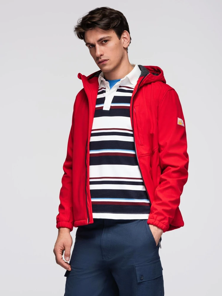 Vyriška raudona softshell striukė su gobtuvu ir fleece pamušalu