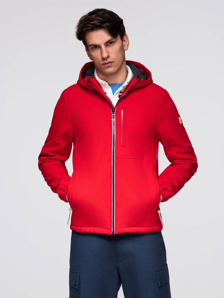 Vyriška raudona softshell striukė su gobtuvu ir fleece pamušalu