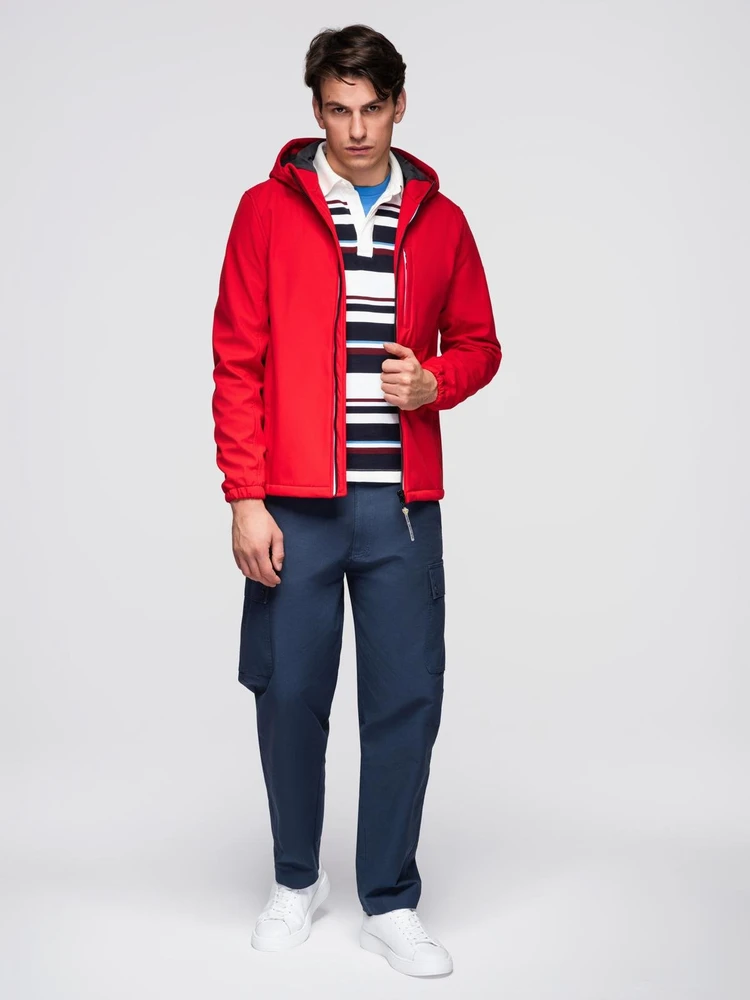 Vyriška raudona softshell striukė su gobtuvu ir fleece pamušalu