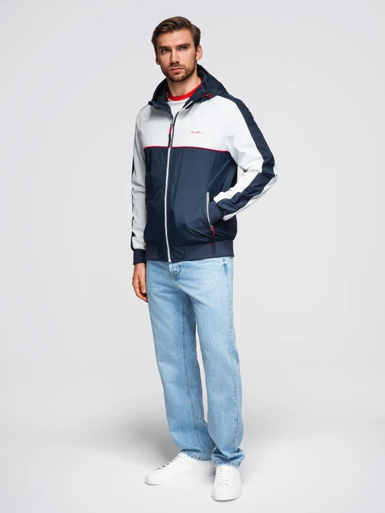 Vyriška tamsiai mėlyna ir balta vėjo neperpučiama striukė su gobtuvu