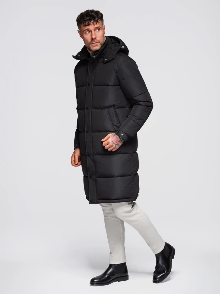 Vyriškas ilgas juodas žieminis paltas su gobtuvu