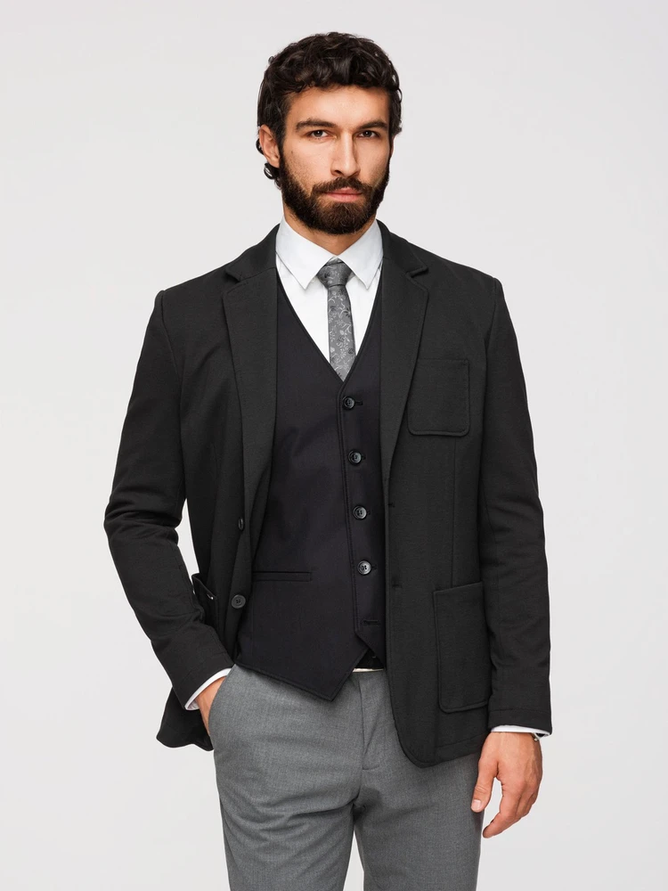 Vyriškas juodas slim fit švarkas su tekstūriniu trikotažu