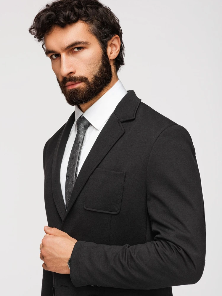 Vyriškas juodas slim fit švarkas su tekstūriniu trikotažu