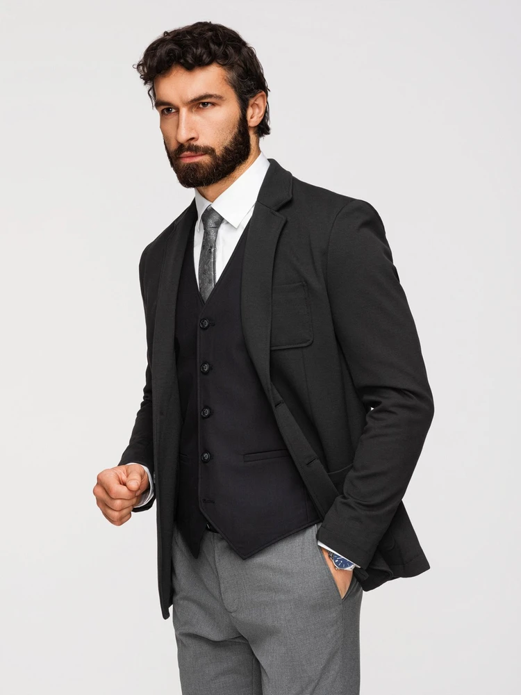 Vyriškas juodas slim fit švarkas su tekstūriniu trikotažu